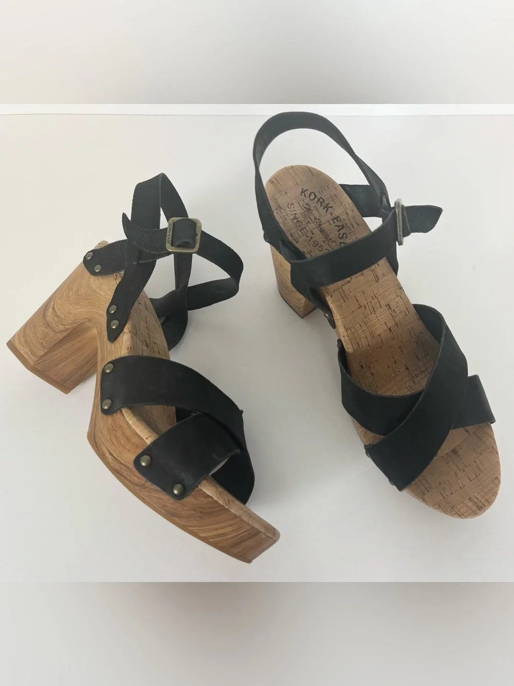 Kork Ease Black Leather Wood Style Platform Studded Clog Sandals